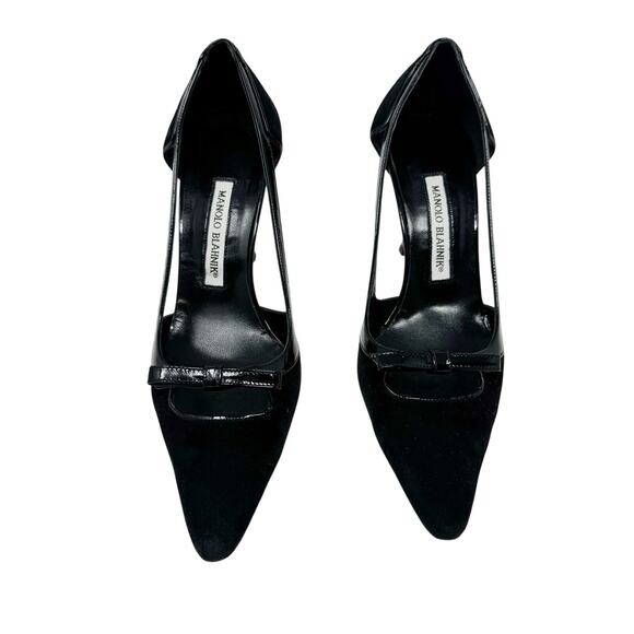 Manolo Blahnik Black Suede Patent D’Orsay Pumps Bow Detail Women’s EU 38.5 - Picture 3 of 9